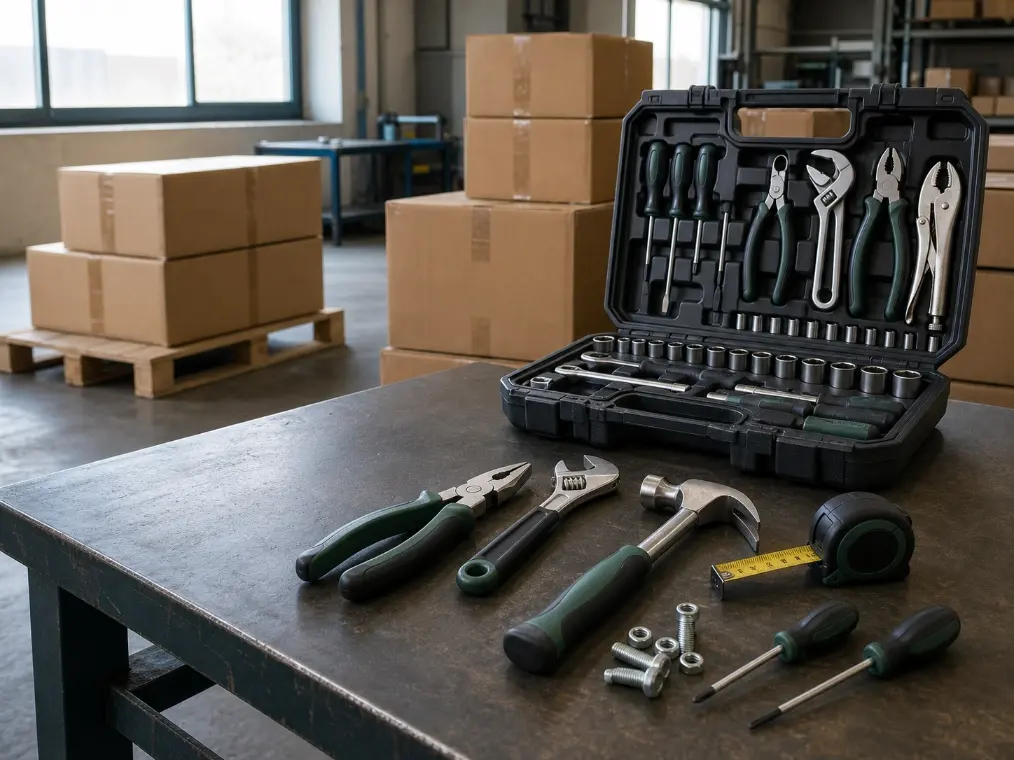 Hand tools and hardware sourcing samples arranged for inspection before shipment to a Nigerian wholesaler.
