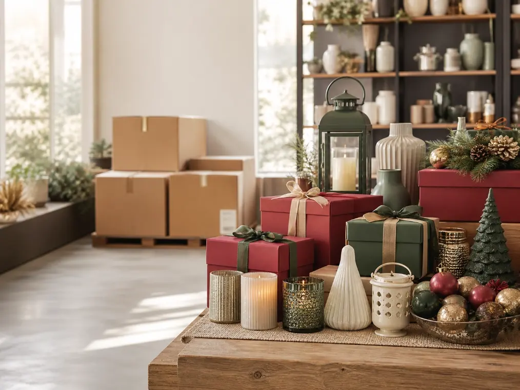 Seasonal gift sourcing samples for a Malaysian wholesaler, including gift boxes, ornaments and holiday decorations.