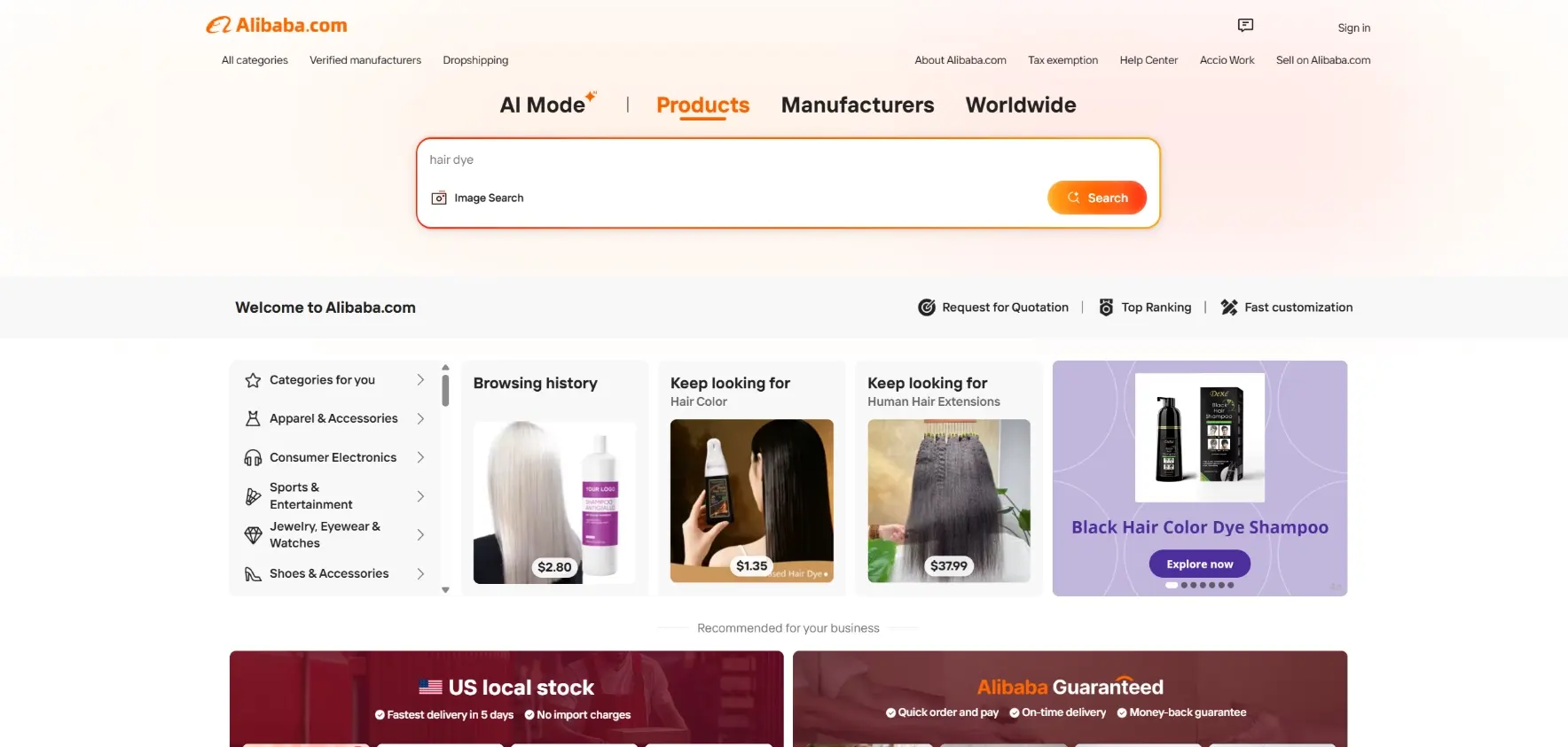 Alibaba.com product and manufacturer search interface for researching suppliers in China
