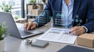 Buyer reviewing supplier comparison documents beside a laptop with factory, shipping, and coordination icons.