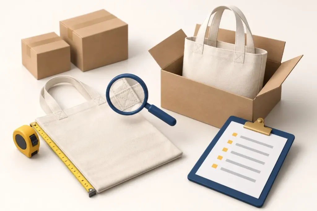 Illustration of cotton tote bags, a measuring tape and a checklist for comparing samples with production goods.