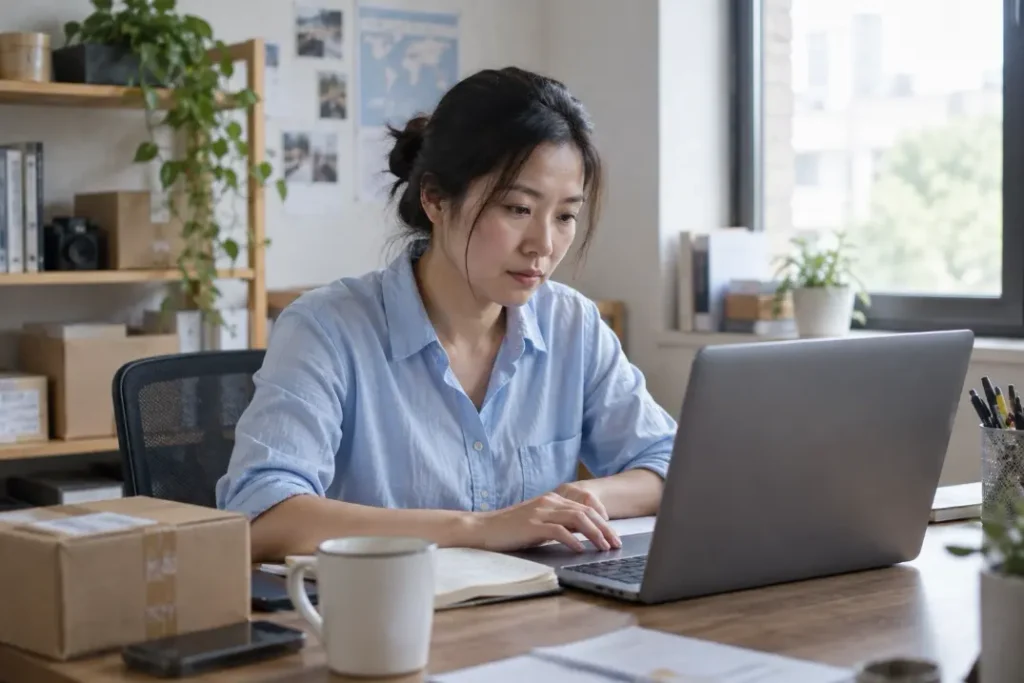 Woman using a laptop at a desk with a notebook, coffee mug, and shipping carton.
