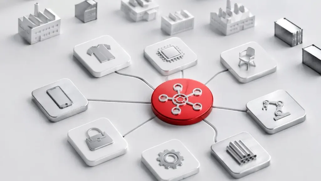 3D China sourcing network connecting product categories with factories and shipping containers