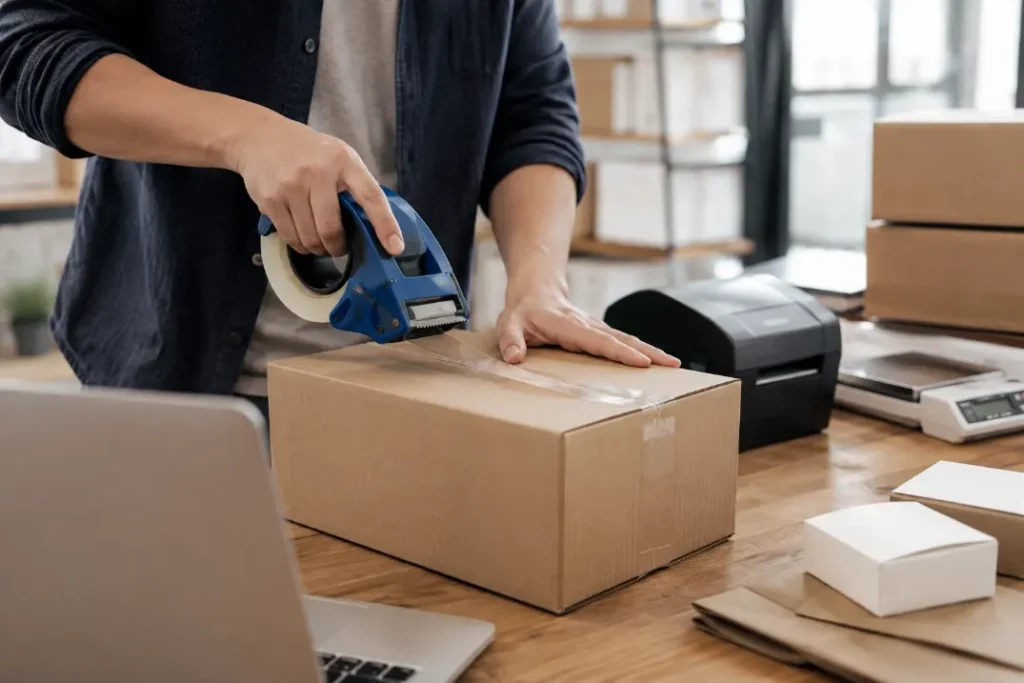 Close-up of an e-commerce seller sealing a shipping carton at an organized packing station.