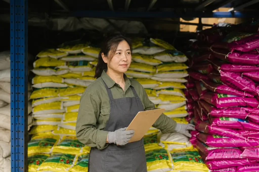 Warehouse worker checking stacked bags of goods during a China sourcing inspection