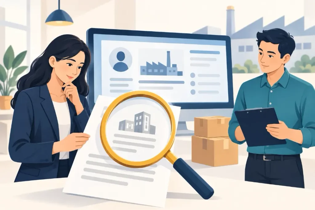 Illustration of buyers reviewing a supplier profile and company document with a magnifying glass.
