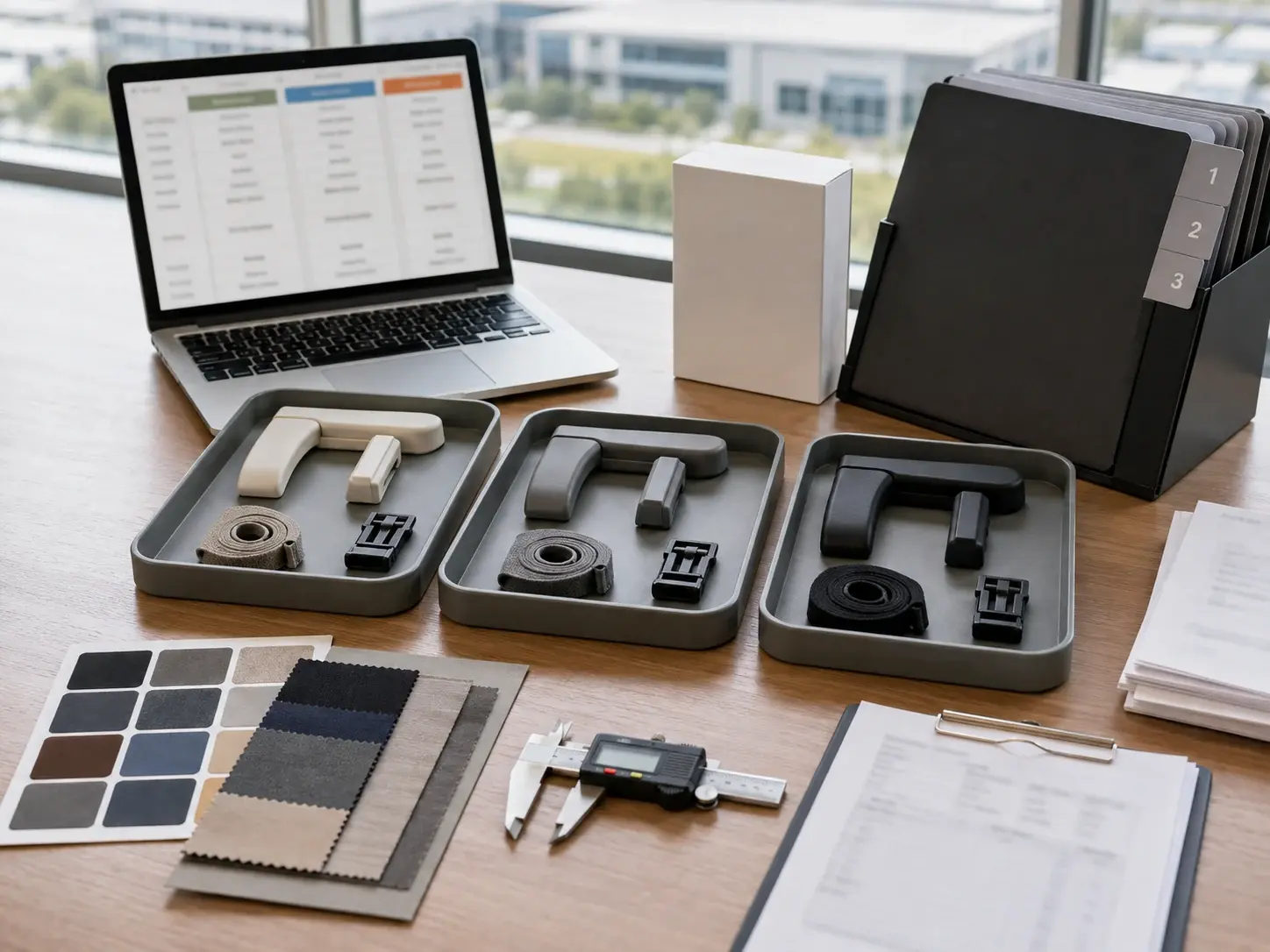 Three supplier sample sets with material swatches, a caliper, quotation columns, and versioned folders for comparison