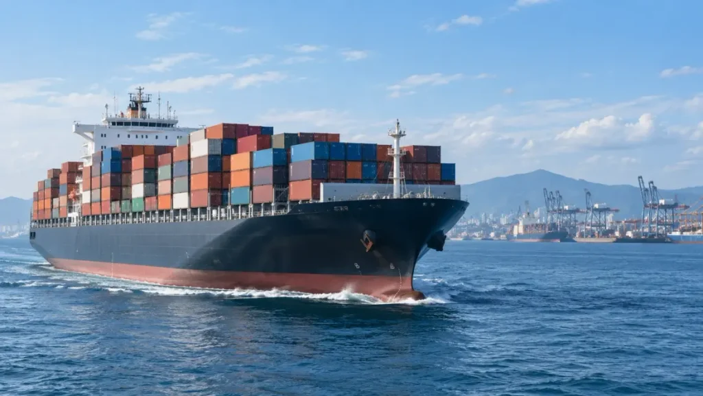 Container ship loaded with cargo sailing near a port, illustrating sea freight from China to the USA.