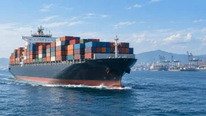 Container ship loaded with cargo sailing near a port, illustrating sea freight from China to the USA.