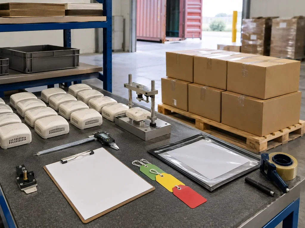 Rows of unbranded goods undergoing piece-by-piece quality inspection beside packed export cartons in a warehouse
