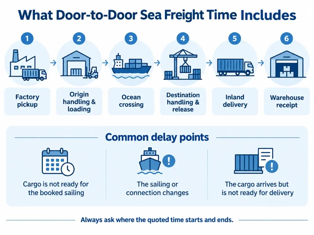Door-to-door sea freight flowchart showing factory pickup, ocean transport, warehouse delivery and common delay points.