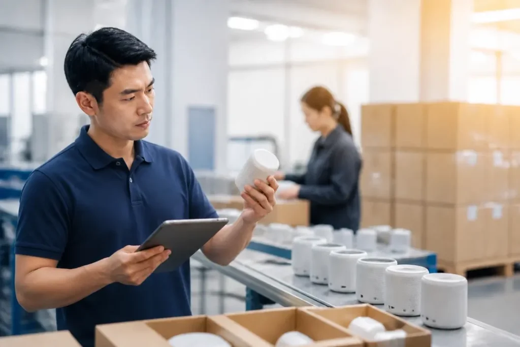 Quality control specialist inspecting finished products and recording production progress before shipment.