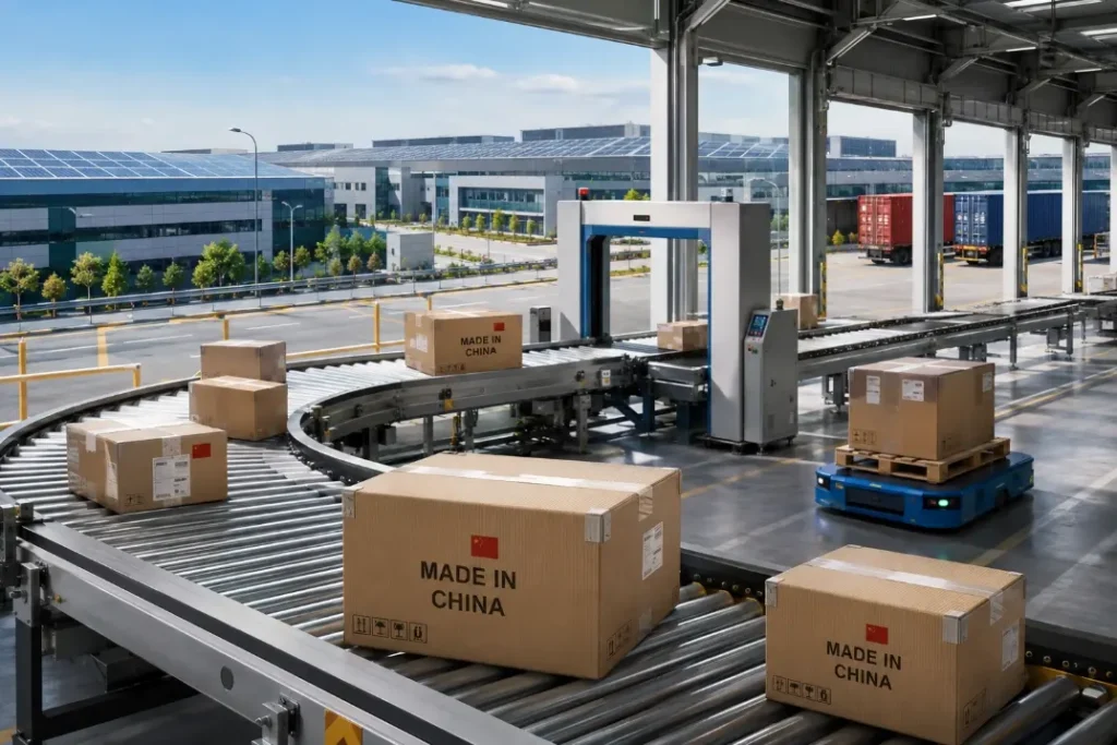 Made in China export cartons moving through an automated logistics center beside a modern manufacturing campus.