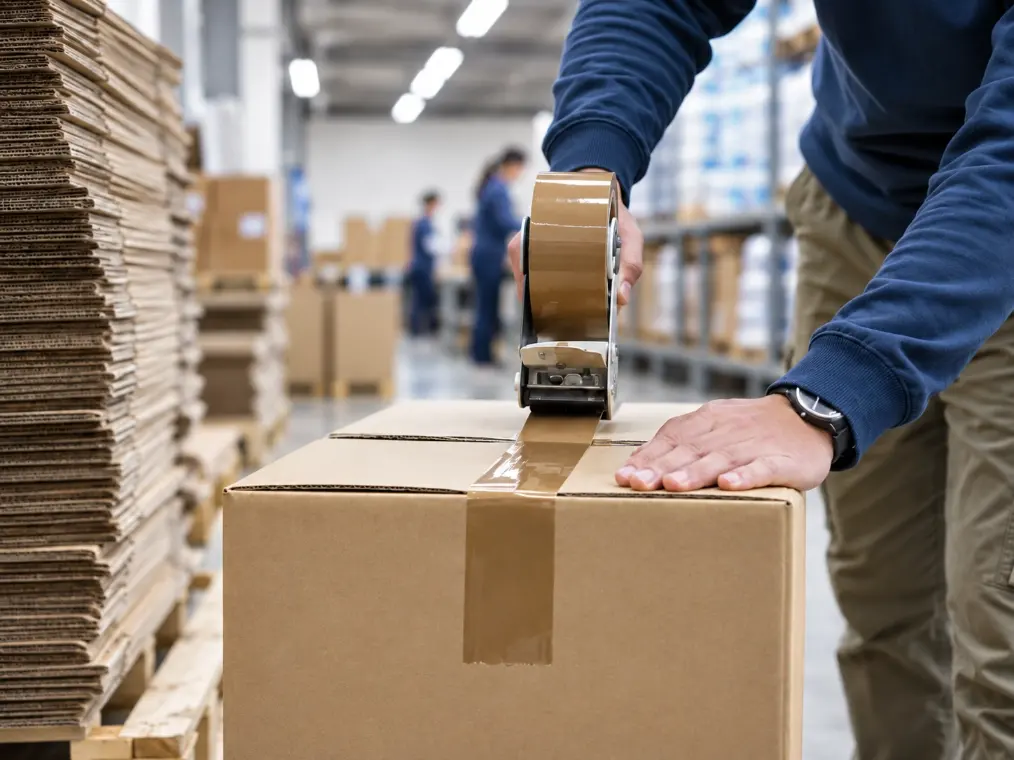 Packed export cartons with appliance, textile, pet supply and tool products in a sourcing warehouse.