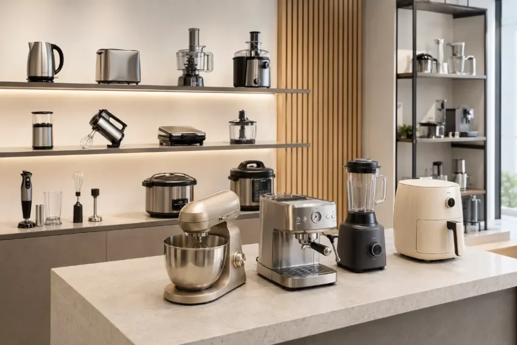 Unbranded mixers, coffee machines, blenders, air fryers and other small kitchen appliances displayed in a modern sourcing showroom.