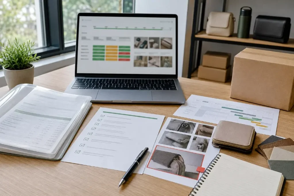Sourcing project dashboard, quotation, quality issue photos and product samples prepared for a transparent buyer update.