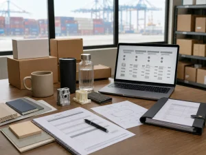 Wholesale sourcing workspace with product samples, comparison documents, export cartons, and a container terminal in the background