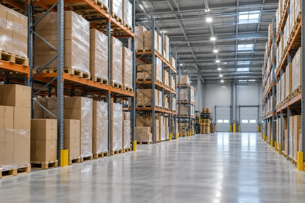 Modern distribution warehouse aisle with pallet racks and boxed inventory