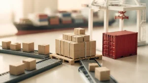Miniature China logistics hub consolidating cartons from multiple suppliers for export