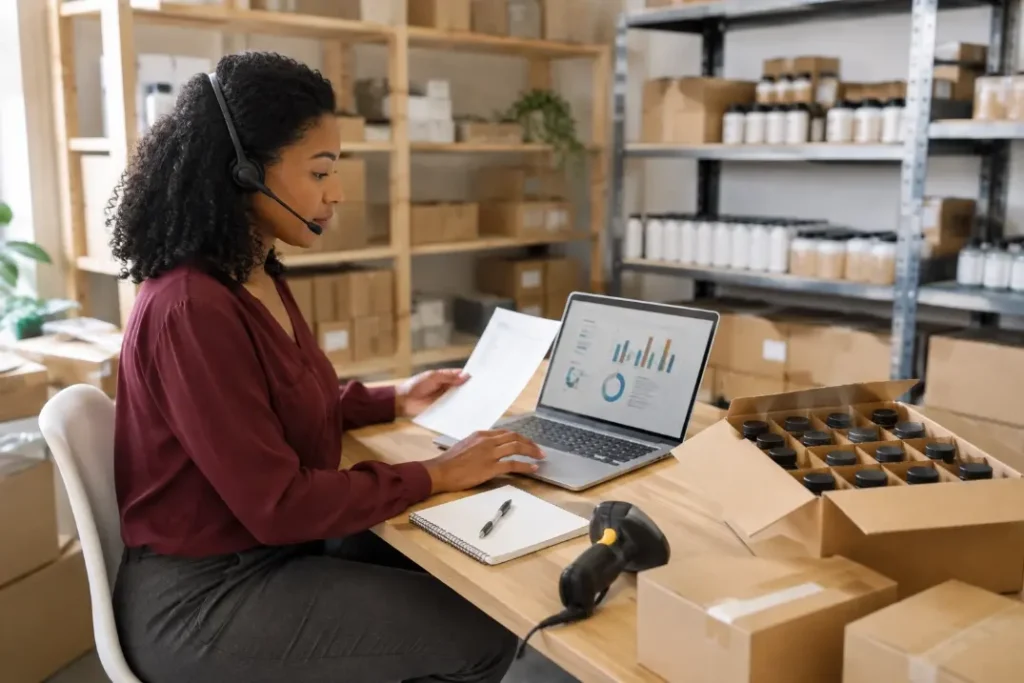 E-commerce operations manager reviewing inventory and repeat-order requirements in a stockroom.