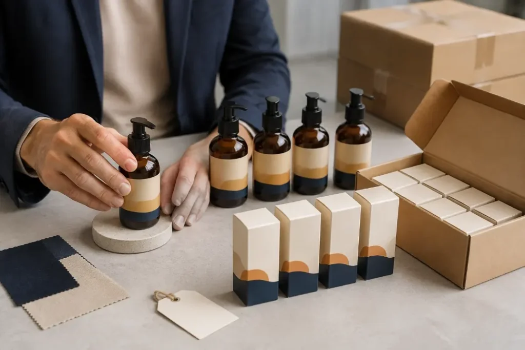 Close-up of consistent private-label bottles and retail packaging prepared for repeat production.