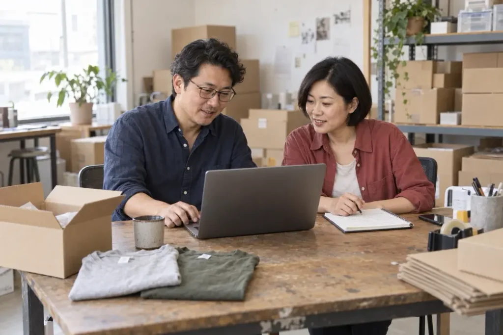 Two people reviewing a laptop beside clothing samples and shipping cartons.
