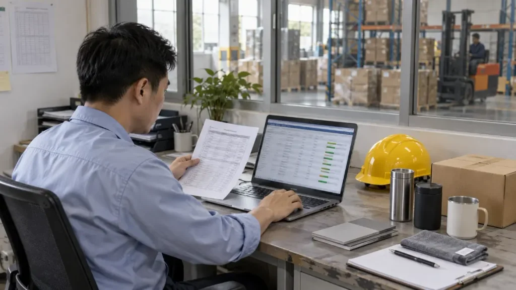 Procurement coordinator reviewing an order spreadsheet and checklist in a warehouse office