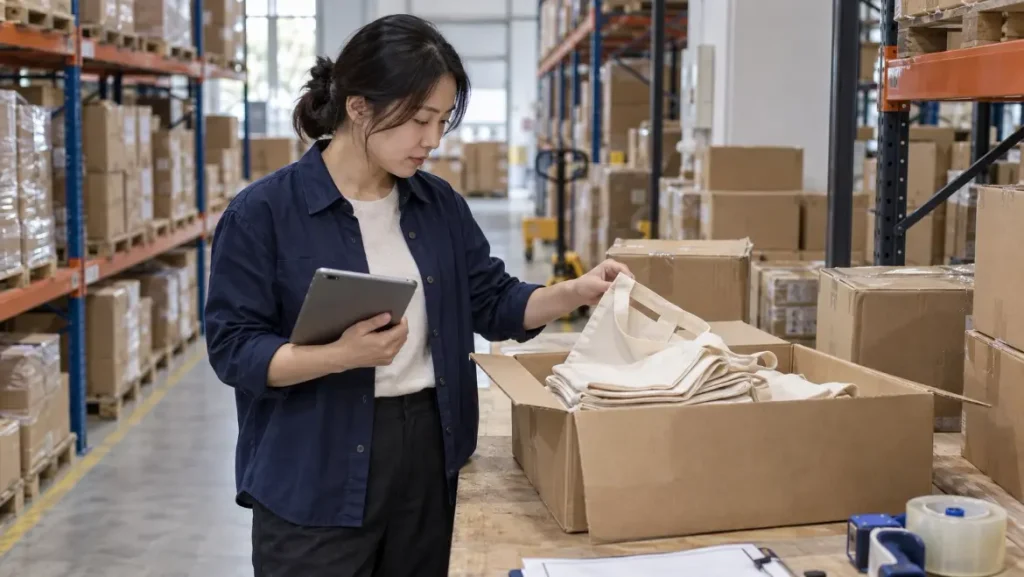 Sourcing professional checking cotton tote bags in an open carton while holding a tablet