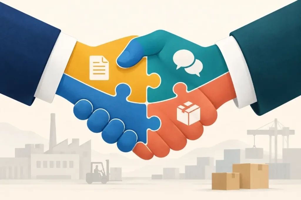 Puzzle-piece handshake illustration with document, communication and shipping icons representing sourcing cooperation.