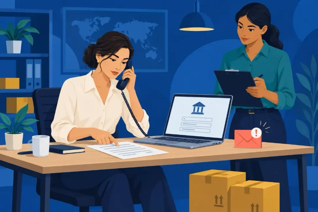 Illustration of a buyer confirming bank details by phone while a colleague reviews payment documents.