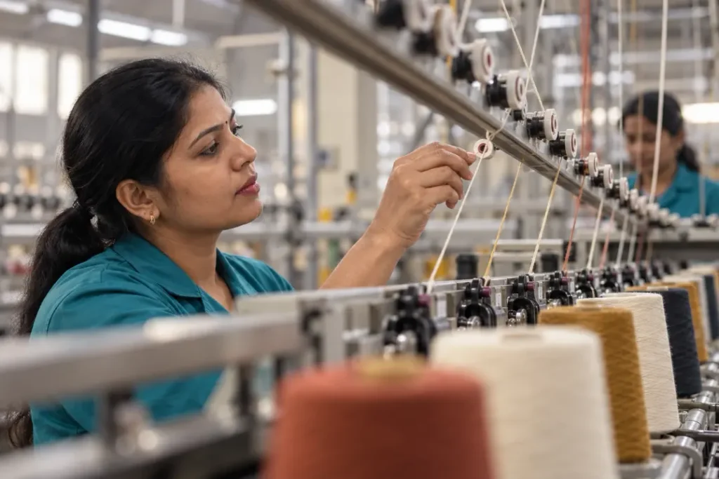 Worker adjusting yarn on textile machinery beside rows of thread cones.