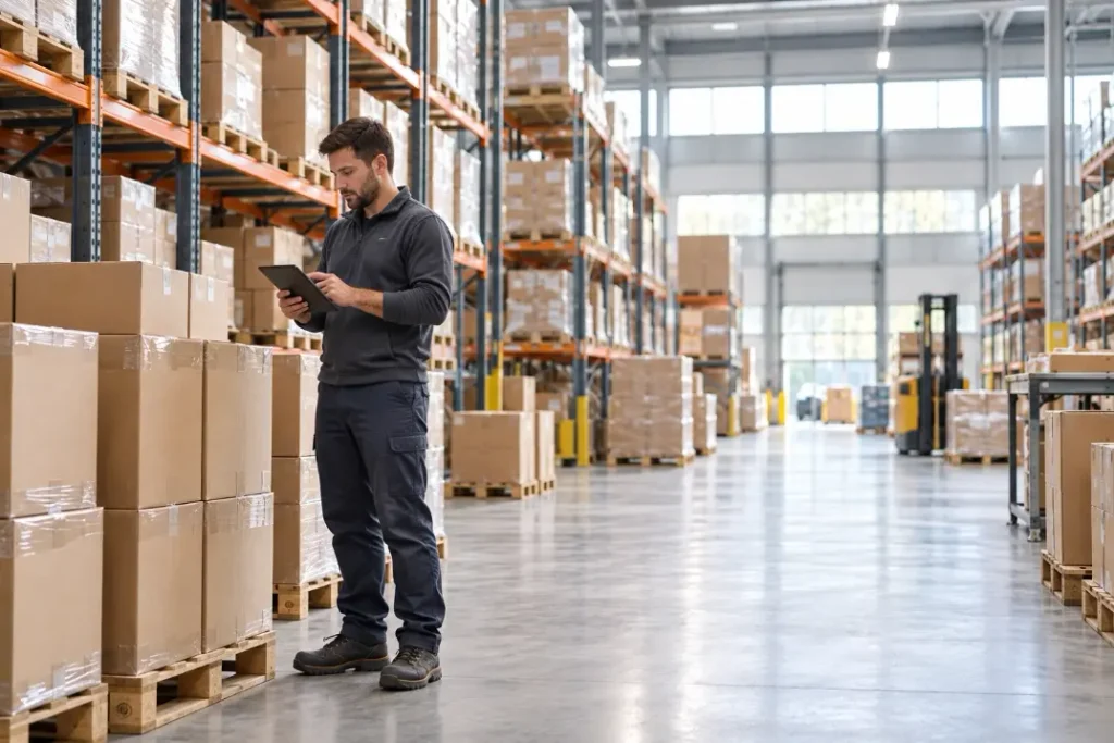 Warehouse worker checking boxed inventory with a tablet in a modern distribution center