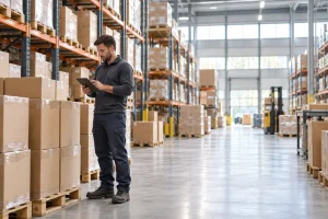 Warehouse worker checking boxed inventory with a tablet in a modern distribution center