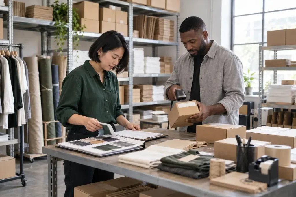 Two people reviewing fabric swatches and scanning a shipping box in a packing workspace.