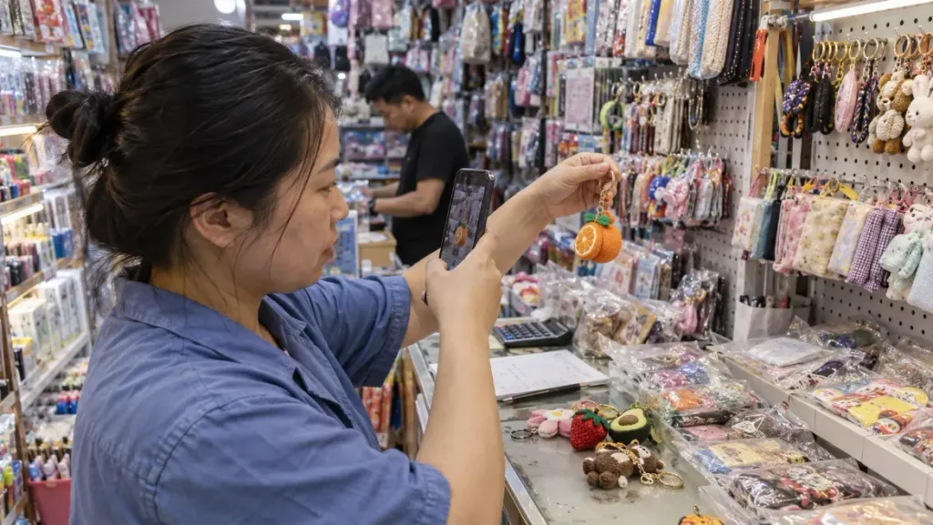 a sourcing coordinator filming a keychain sample inside a Yiwu-style wholesale booth.
